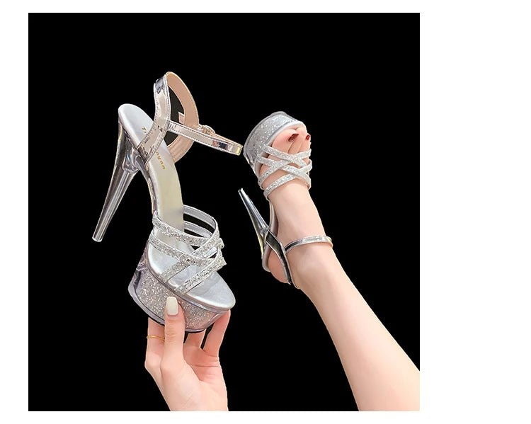 2024 New Women Narrow Band Sandals Transparent Platform High Heels Summer 15CM Stiletto Heels Silvery Sequin Wedding Dress Shoes