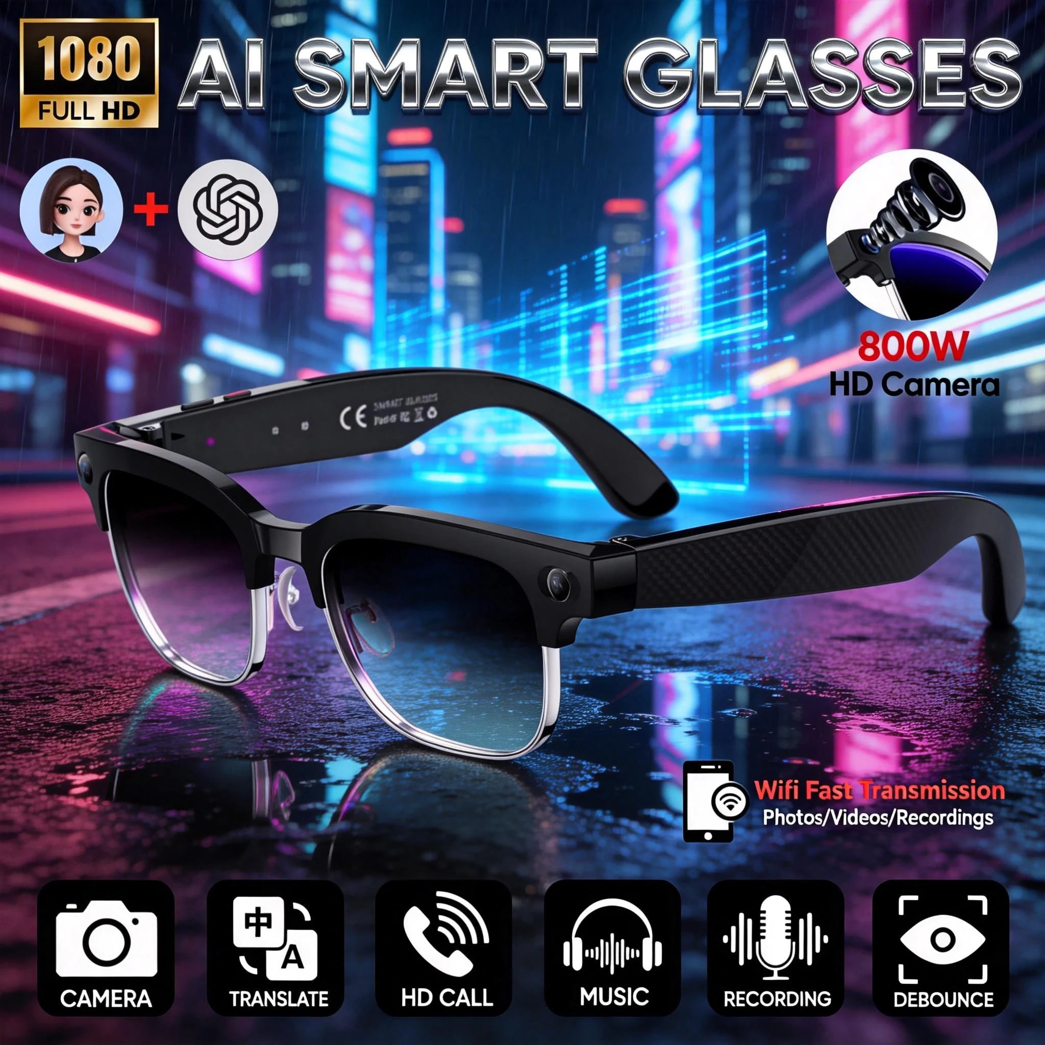 New HOT Business Smart Glasses Men 800W 4K HD Camera 1080P Shooting Action Capture AI Chat Call Waterproof Windproof Sunglasses