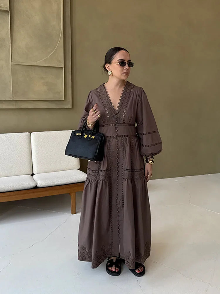 Elegant Hallow Out Long Dress Women Lantern Sleeve Deep V-neck Single Breasted Loose Dresses 2025 Fashion Solid Office Robe Lady