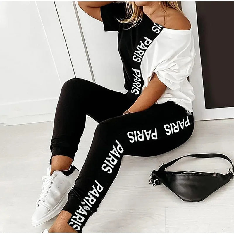 2023 Women's Spring Summer Sportswear Two-piece Set With Patchwork Letters Short Sleeved Long Pants Casual Women's Two-piece Set