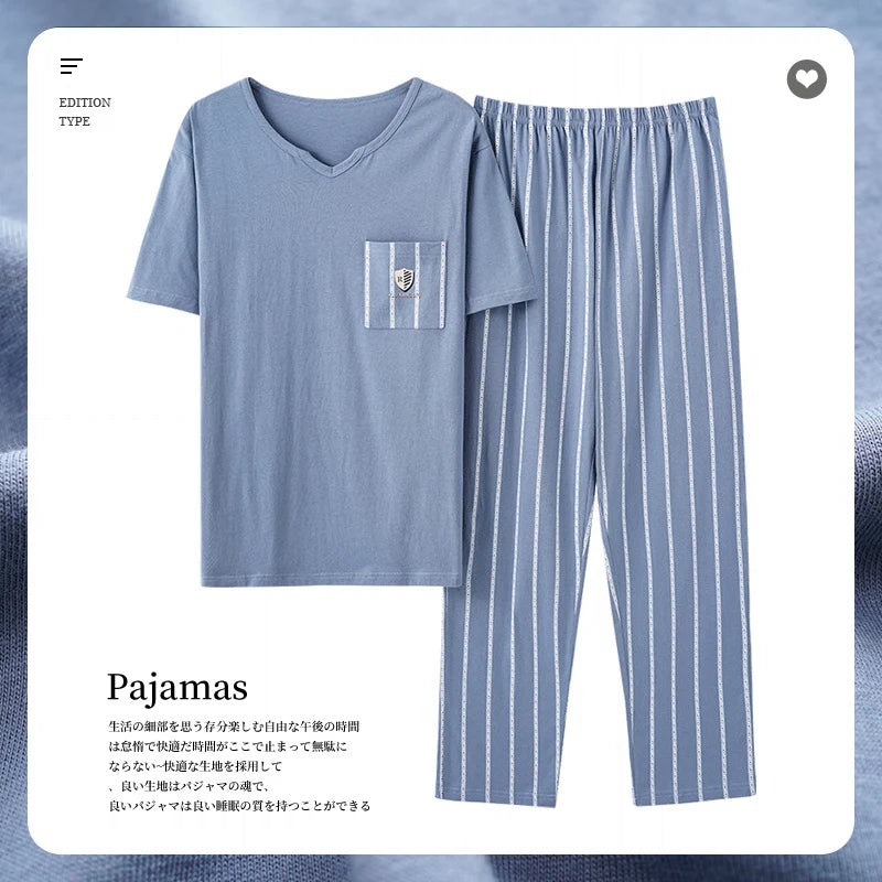 L-5XL Summer Elegant Men Pyjamas Knited Cotton Pajamas Set Long Pant Sleepwear Pyjamas Night Suits Pijamas Plus Size Homewear PJ