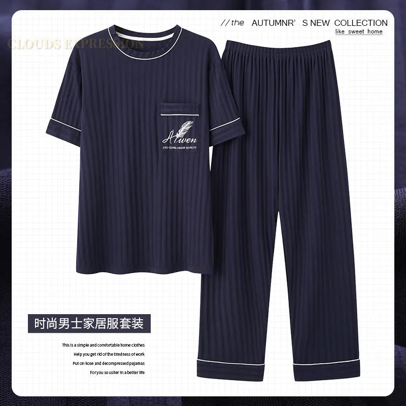 L-5XL Summer Elegant Men Pyjamas Knited Cotton Pajamas Set Long Pant Sleepwear Pyjamas Night Suits Pijamas Plus Size Homewear PJ