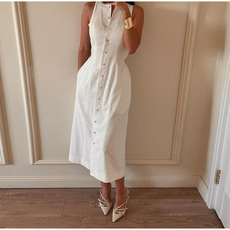 Elegant Hallow Out Long Dress Women Lantern Sleeve Deep V-neck Single Breasted Loose Dresses 2025 Fashion Solid Office Robe Lady