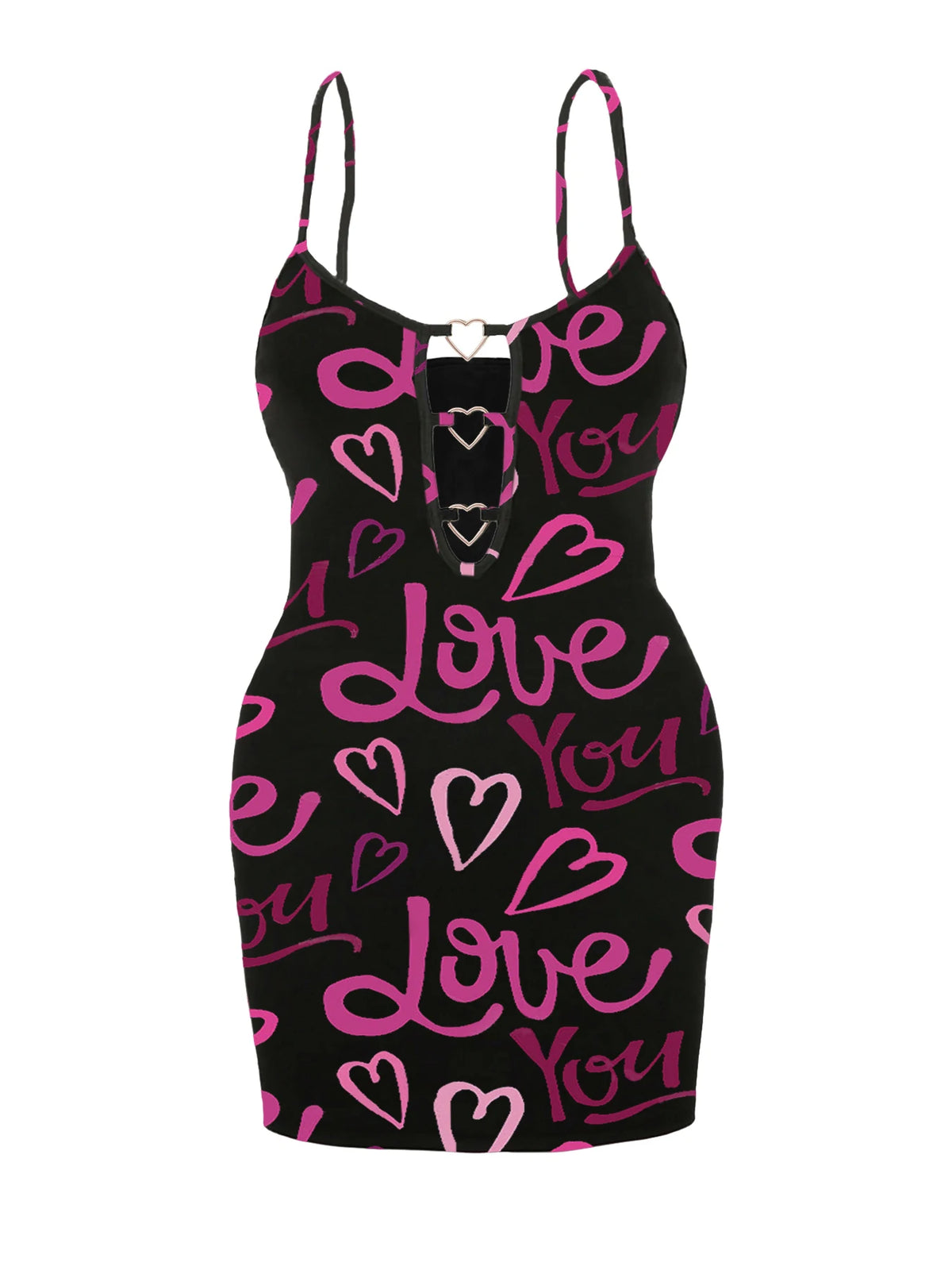 Plus Size Heart Metal Buckle Cutout Bodycon Mini Dress Spaghetti Strap Deep Hollow Front Slim Fitted Ribbed Short Dress Sexy Clu