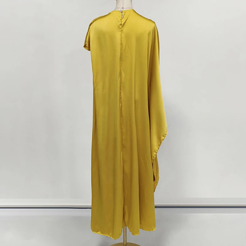 Women Casual Hight Waist Solid Color Satin Dress 2026 Fashion Draped Loose Long Dresses Elegant O-neck Asymmetrical Sleeve Gowns