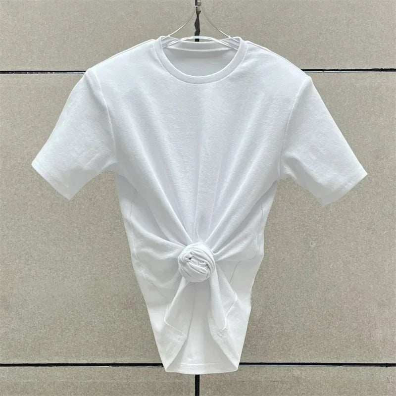 Women's t-shirt 2025 summer new shoulder padded slim fit short sleeved top pure cotton round neck pullover y2k Crop top corset