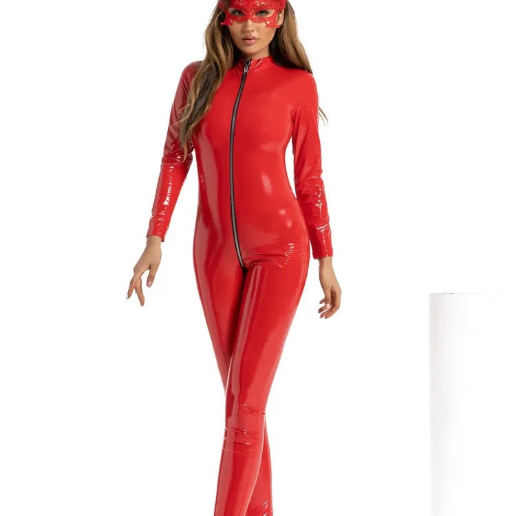 Fashion New Spring Women Sexy Corset PU Patent Leather Zipper Open Crotch Jacket Tight Pants Nightclub Cosplay Uniform Jumpsuit