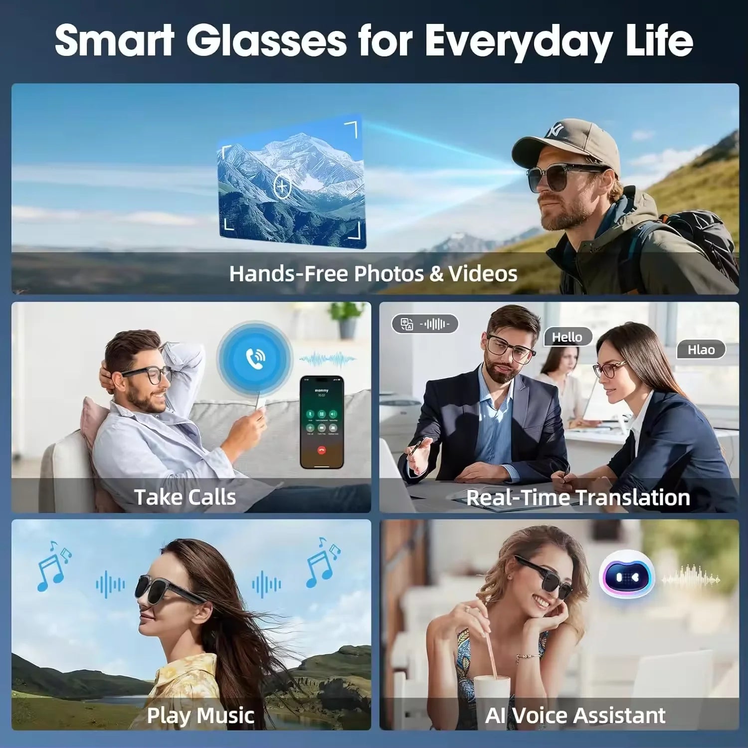 2026AI smart glasses HD 800W anti-shake camera AI dialogue real-time translation IP67waterproof Bluetooth audio smart sunglasses