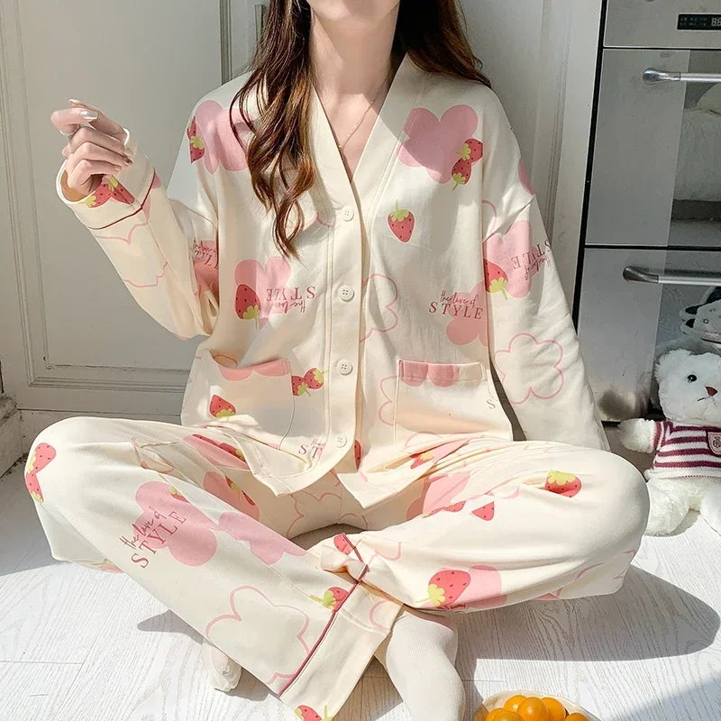 Elizabeth Duck Japanese Kimono Autumn Winter Women Pajamas Sets Faux Cotton Long Sleeves Homesuits Casual V-neck Lapel Sleepwear