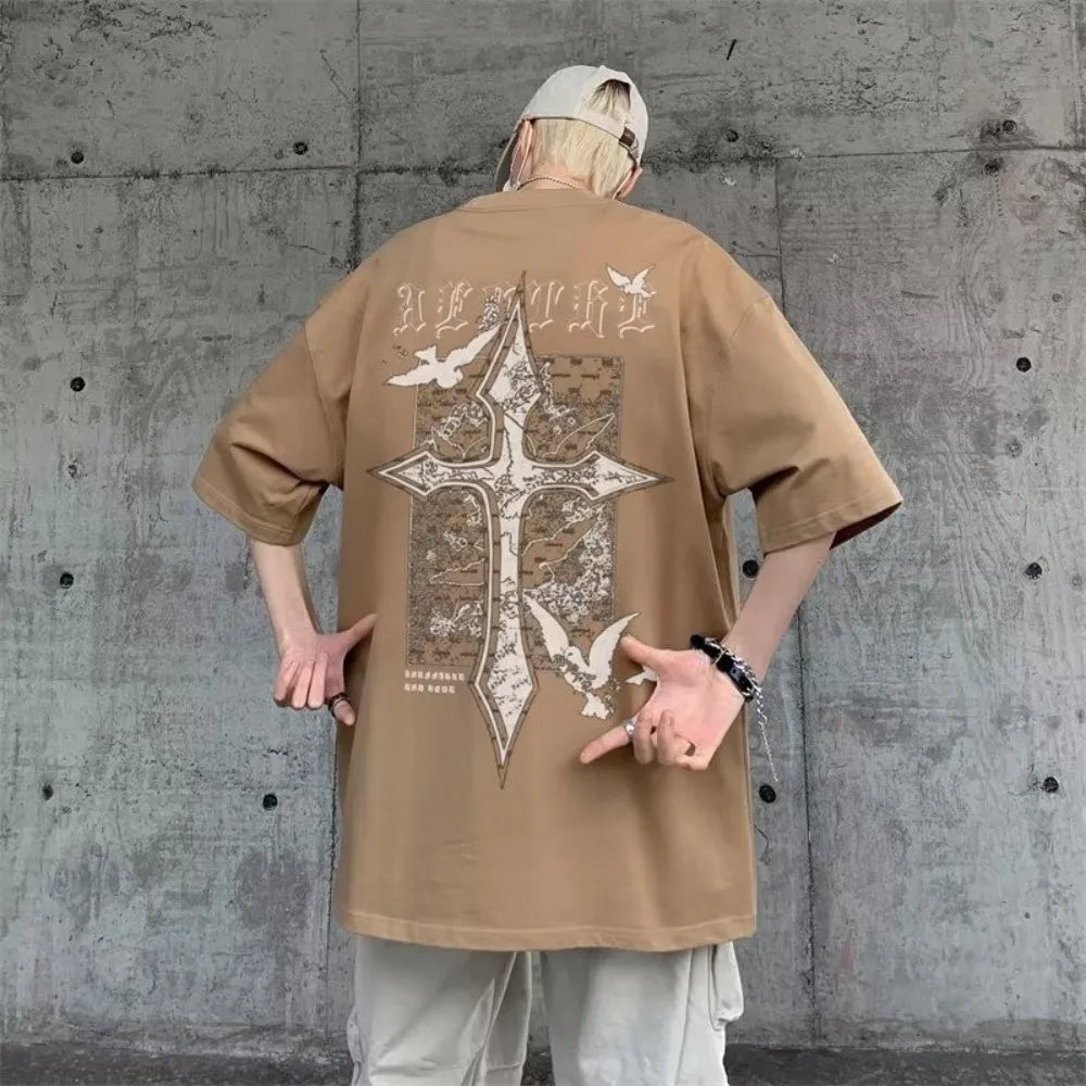 Hot selling trend summer men's cross letter print comfortable and breathable round neck T-shirt outdoor casual high street top