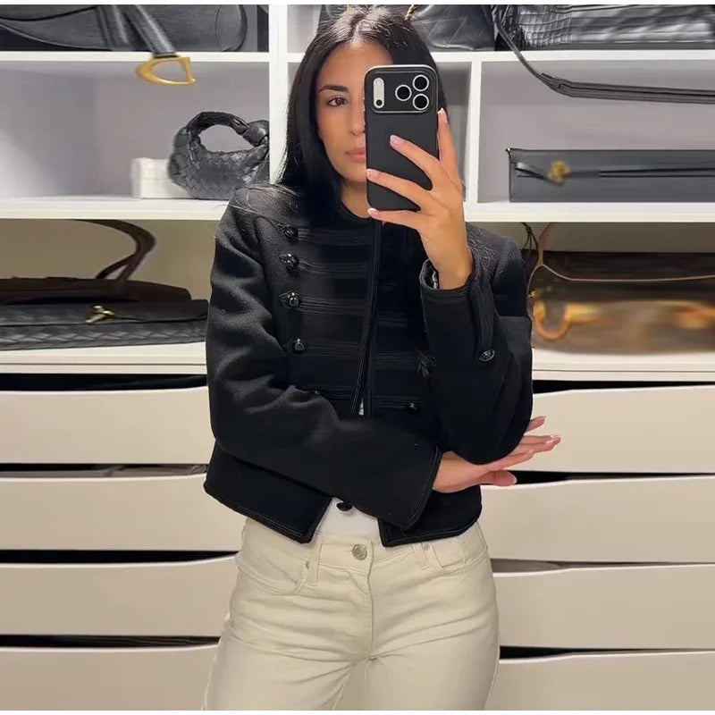 Elegant O-neck Long Sleeve Double Breasted Coats Fashion Black Cropped Jacket For Women 2026 Spring Chic Lady Outerwear Street