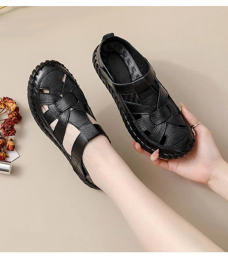 Newest gladiator summer sandals women's big size 43 woman real leather sandals ladies patchwork strap Non-slip flats