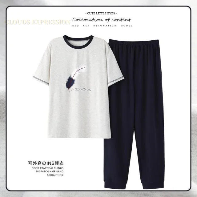 L-5XL Summer Elegant Men Pyjamas Knited Cotton Pajamas Set Long Pant Sleepwear Pyjamas Night Suits Pijamas Plus Size Homewear PJ