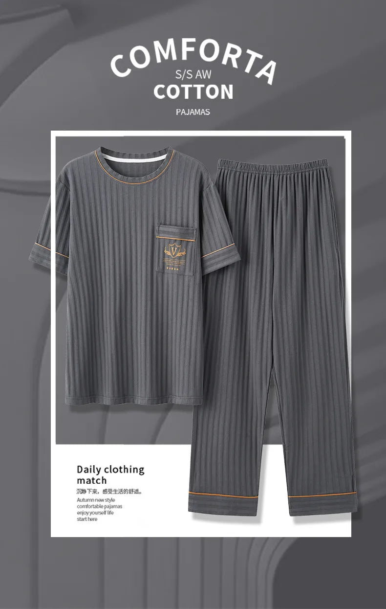 L-5XL Summer Elegant Men Pyjamas Knited Cotton Pajamas Set Long Pant Sleepwear Pyjamas Night Suits Pijamas Plus Size Homewear PJ