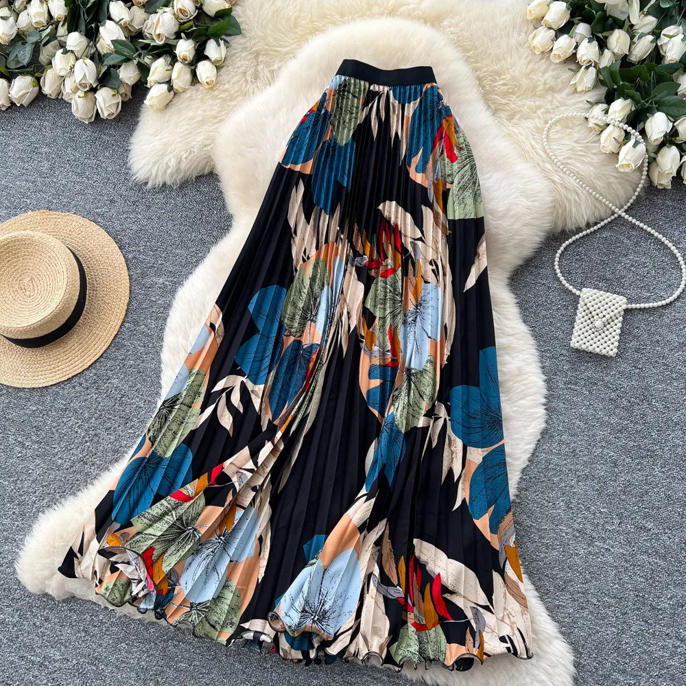 2026 New Summer Women Temperament Vintage All-match Skirt High Waist Printing Medium Length A-line Pleated Big Skirt Skirt