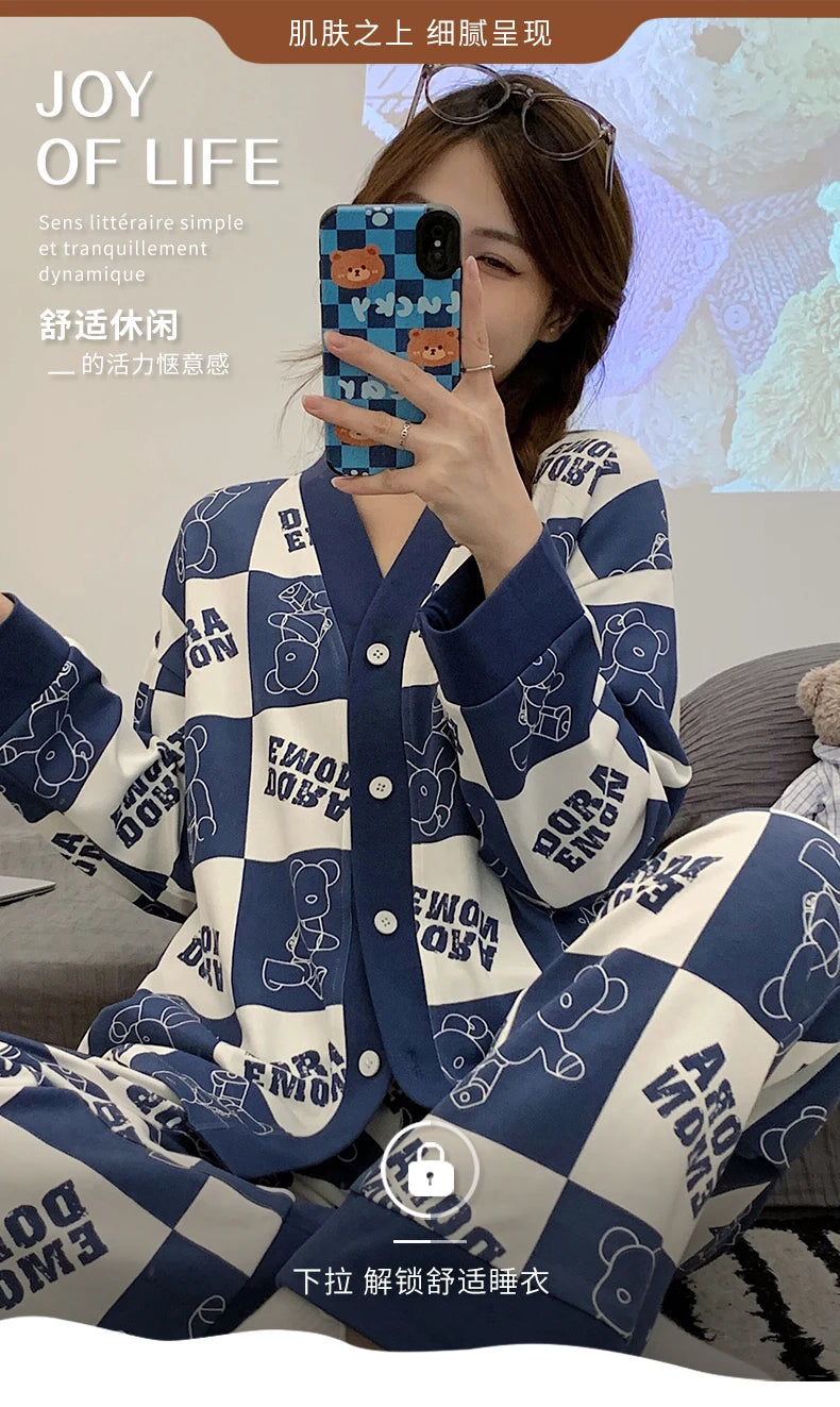 Elizabeth Duck Japanese Kimono Autumn Winter Women Pajamas Sets Faux Cotton Long Sleeves Homesuits Casual V-neck Lapel Sleepwear