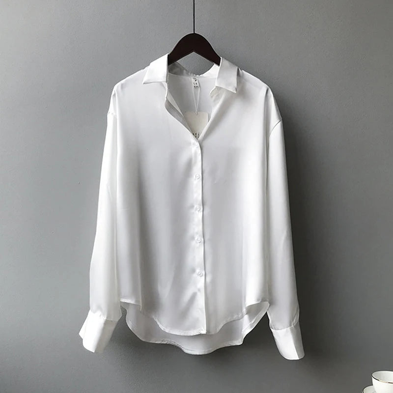 Women’s Turn-Down Collar Satin Blouse Top