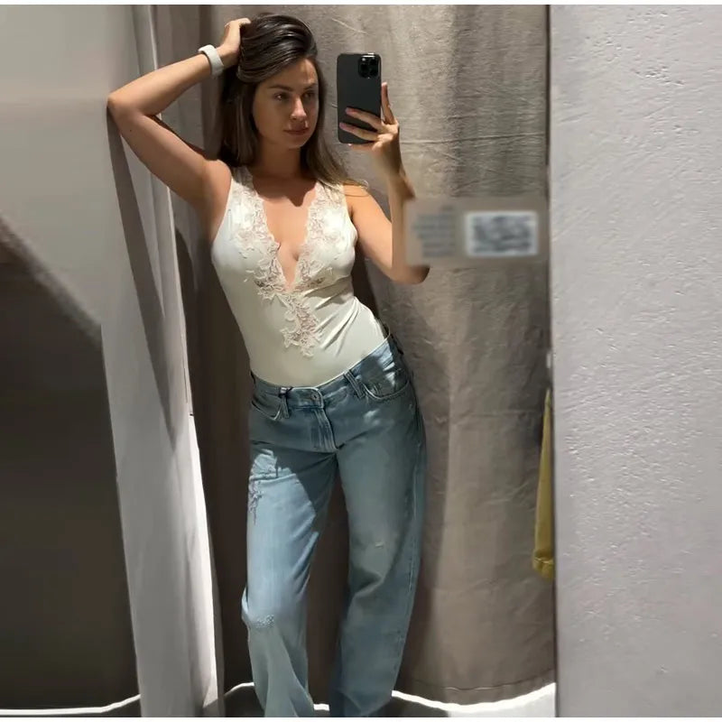 Sexy Lace Spliced Women's Jumpsuits Stain V-neck Sleeveless Slim Waist Cinching Jumpsuit 2026 Spring New Lady High Street Tops