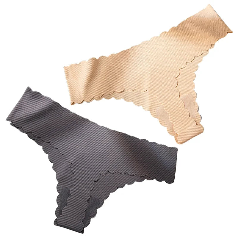 2PCS Seamless Thin-stripe Panties Ladies Low Rise T-back G-string Nude Half-covered Hip Lingerie Solid Cotton Ruffles Sexy Thong