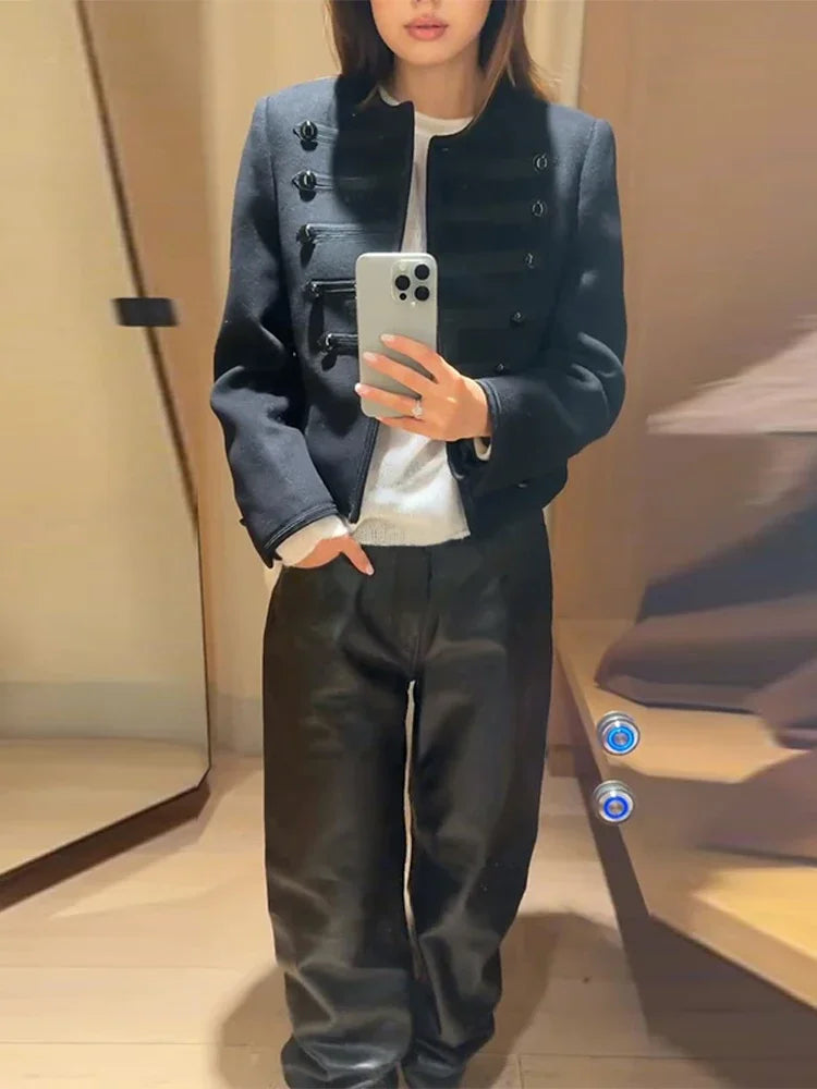 Elegant O-neck Long Sleeve Double Breasted Coats Fashion Black Cropped Jacket For Women 2026 Spring Chic Lady Outerwear Street