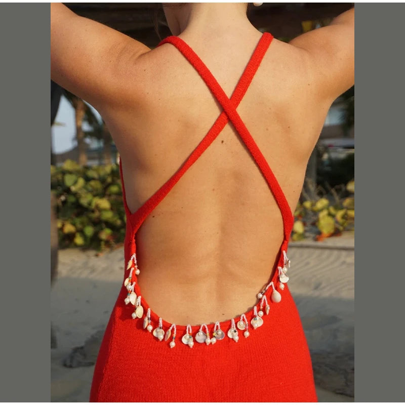 Women's Shell Chain Halter Maxi Dress Deep V Neck Sleeveless Backless Bodycon Dresses Casual Vacation Party Beach Fashion Gown