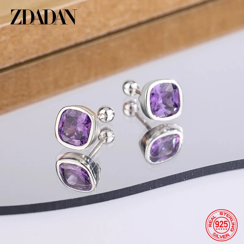 ZDADAN 925 Sterling Silver 8mm Square Amethyst Earring For Women Wedding Jewelry