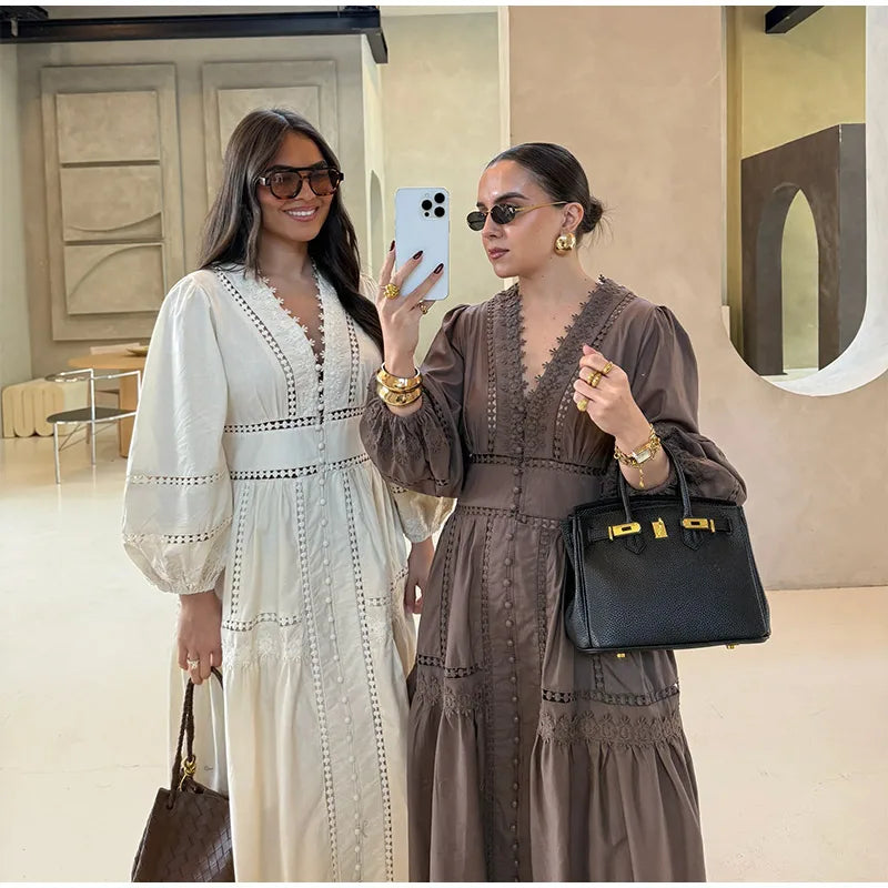 Elegant Hallow Out Long Dress Women Lantern Sleeve Deep V-neck Single Breasted Loose Dresses 2025 Fashion Solid Office Robe Lady