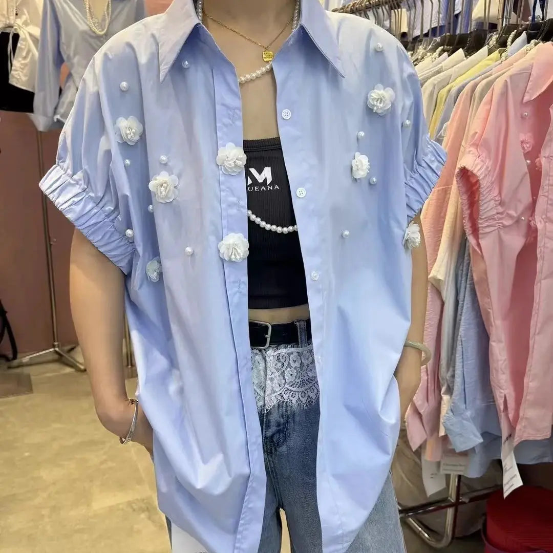 2025 Summer Trend New Cotton Blouses Shirts For Women Long Sleeve Loose Casual 3D Flowers Beaded Shirts Tops Camisas De Mujer