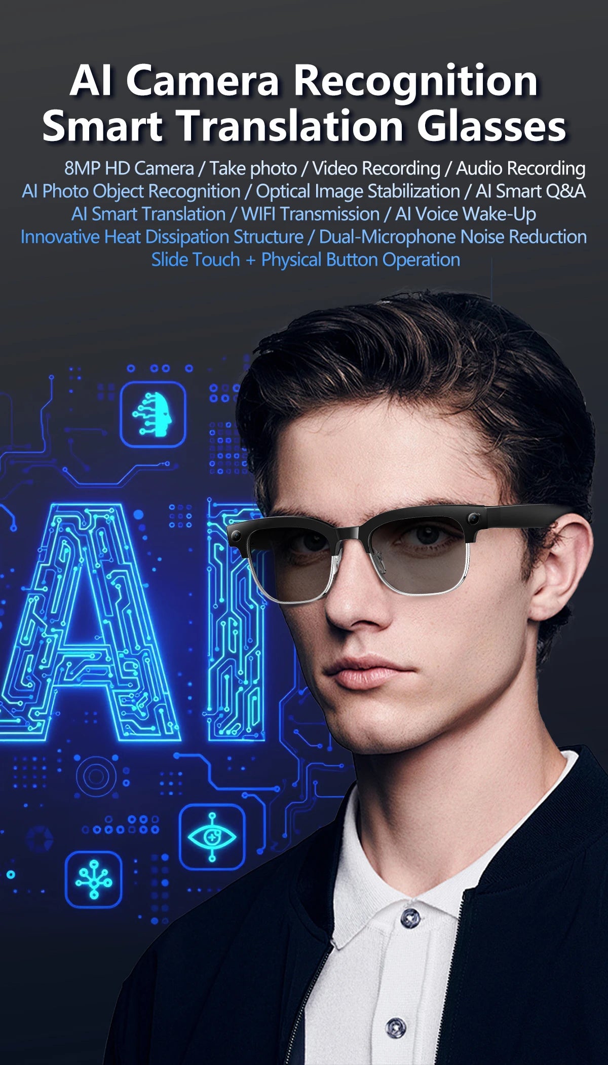 2026 New AI Smart Glasses 8MP HD Camera AI Object Recognition AI Translation 4K ULTRA HD IP66 Waterproof BT Call Smart Glasses