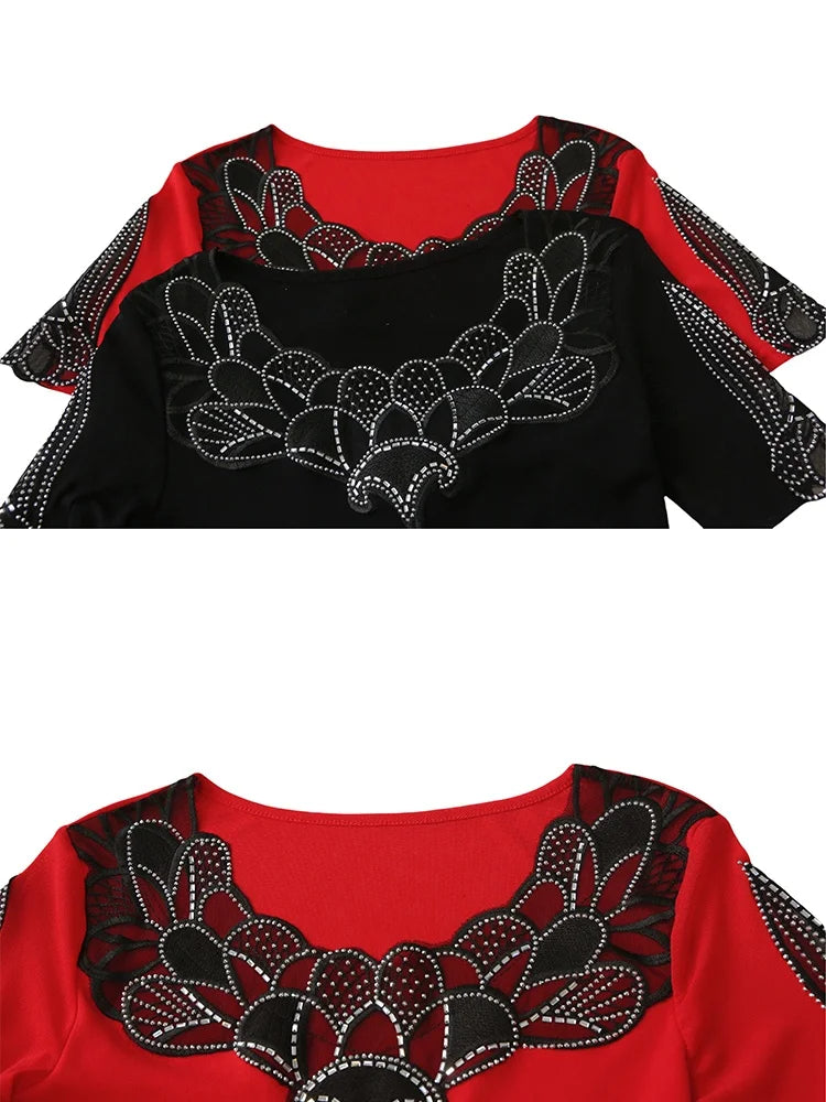 Fashion O-Collar Rhinestone Lace Patchwork Female Top Chic High Elasticity Soft Mesh Short Sleeve Temperament Women's T-Shirt