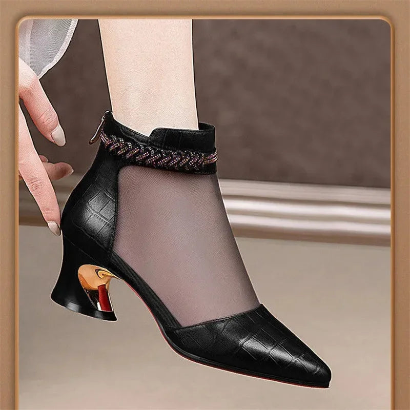 Women Classic Pointed Toe European Stylish High Quality Square Heel Shoes for Spring & Summer Lady Cool Black Comfy Shoes E1297