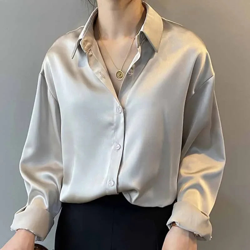 Women’s Turn-Down Collar Satin Blouse Top
