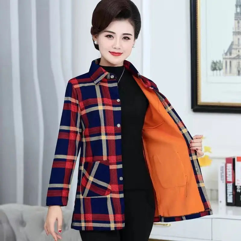 Women's Autumn Winter Long Sleeve Plaid Plus Velvet Shirt Fashion Thick Versatile Elegant Tops Patchwork Pockets Female Clothes