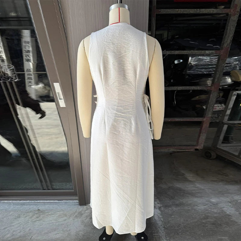 Elegant Hallow Out Long Dress Women Lantern Sleeve Deep V-neck Single Breasted Loose Dresses 2025 Fashion Solid Office Robe Lady