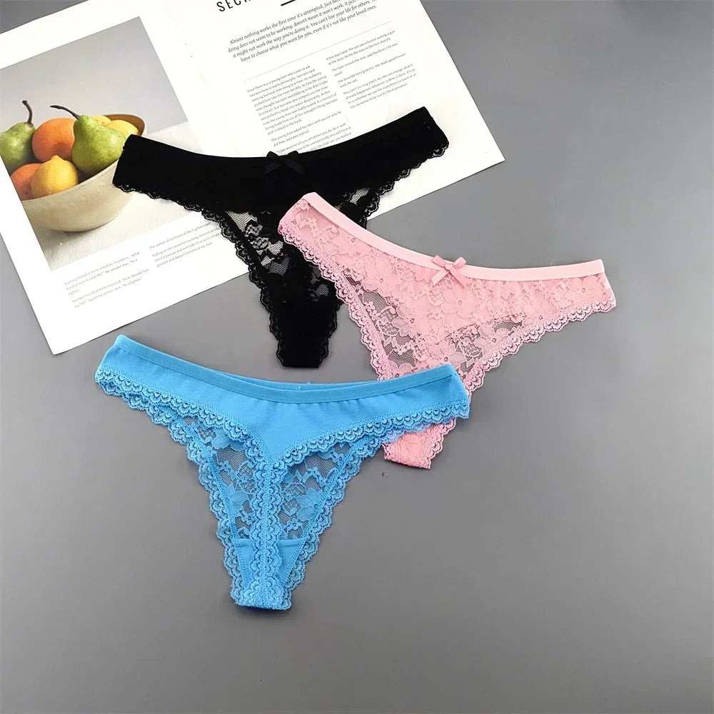 S M L XL XXL Plus Size Sexy Cozy Lace Cotton Thongs Underwear Lingerie for Women Seamless T-back Ladies Transparent G-string 3PC