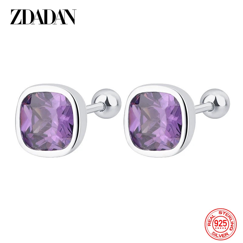ZDADAN 925 Sterling Silver 8mm Square Amethyst Earring For Women Wedding Jewelry