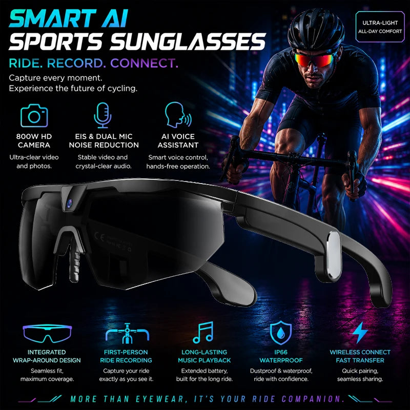 2026 AI Smart Glasses 800W HD Anti-shake Camera IP66 Waterproof AI Voice Wake-up AI Translation Four-in-one Cycling Glasses