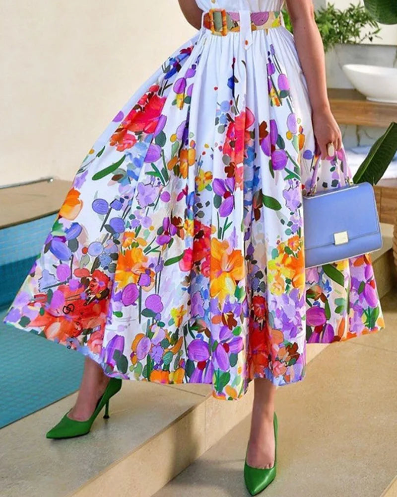 Print Floral Dresses Short Sleeve Turn Down Collar Women Button Dress A Line Folds Vestidos Belt Casual Basics 2025 Summer