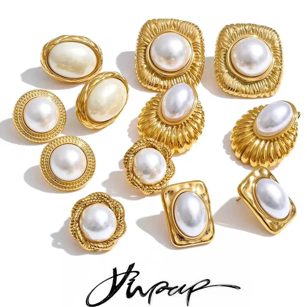 Yhpup Trending Stainless Steel Imitation Pearls Round Square Stud Earrings Korean Daily Versatile Vintage Chic Fashion Jewelry