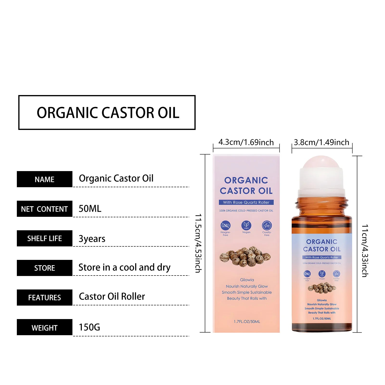 Organic Castor Oil Rose Quartz Roller Ball Moisturizing Skin Barrier Deep Repair Soothing Skin Cold-Pressed Natural Castor Oil