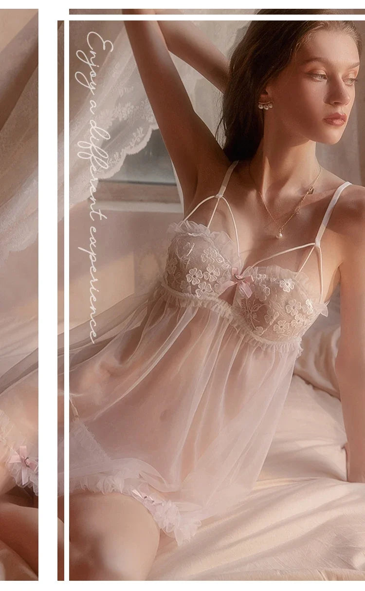 Pink Kawaii Lingerie dress Lolita Nightwear Sexy Lace Tulle Sweet Pink Sling Night Private Room Underwear Women Night Gowns 2024