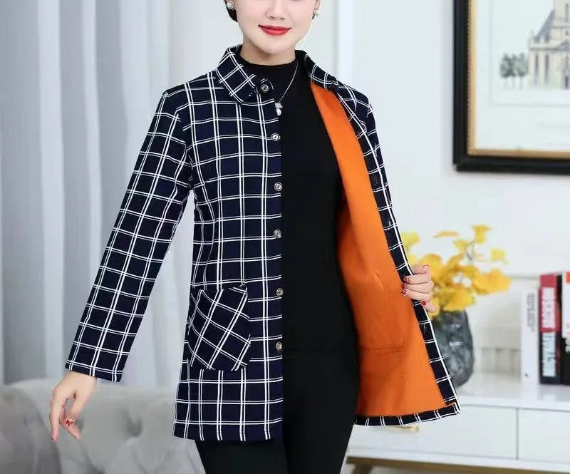 Women's Autumn Winter Long Sleeve Plaid Plus Velvet Shirt Fashion Thick Versatile Elegant Tops Patchwork Pockets Female Clothes