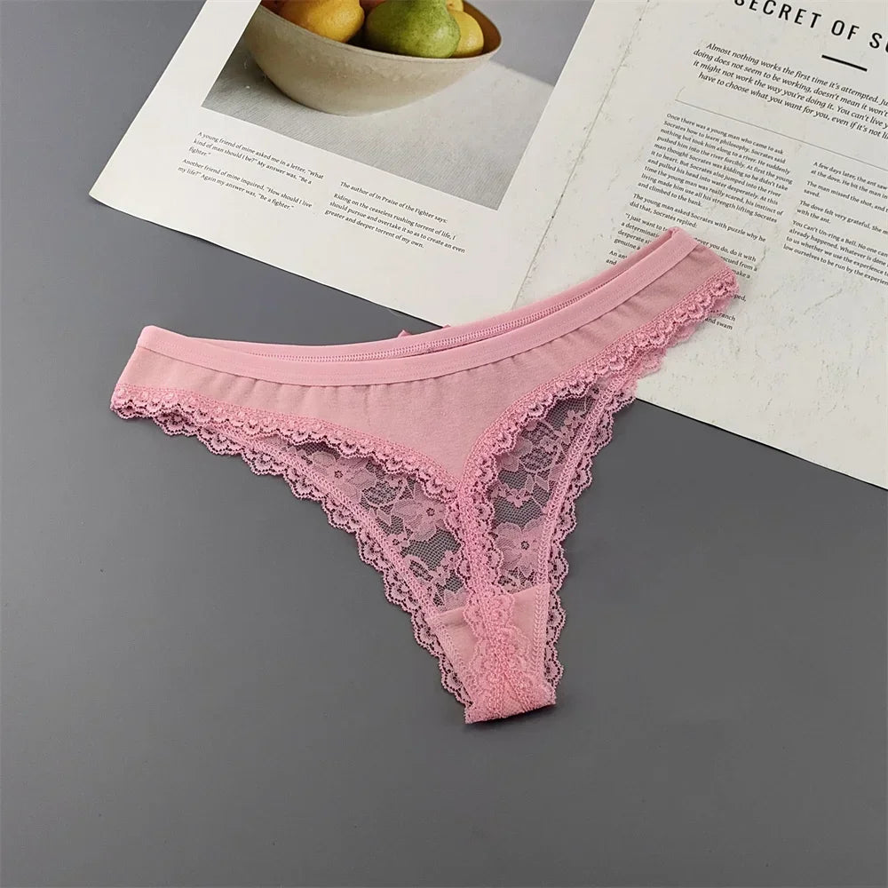 S M L XL XXL Plus Size Sexy Cozy Lace Cotton Thongs Underwear Lingerie for Women Seamless T-back Ladies Transparent G-string 3PC