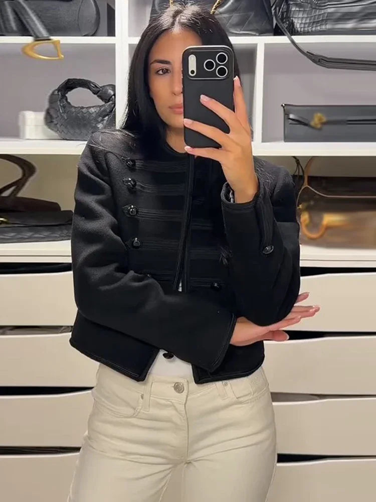 Elegant O-neck Long Sleeve Double Breasted Coats Fashion Black Cropped Jacket For Women 2026 Spring Chic Lady Outerwear Street