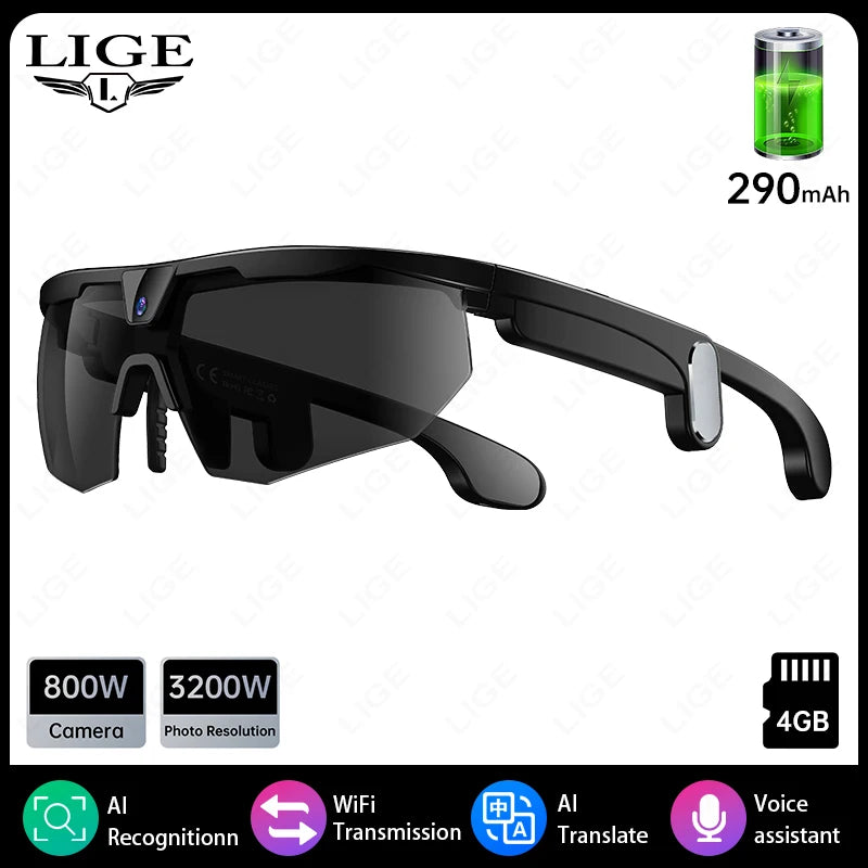 LIGE AI Smart Glasses 800W HD Anti-shake Camera Action Capture Goggles 3D Surroud Sound AI Chat Call Cycling Sports Sunglasses