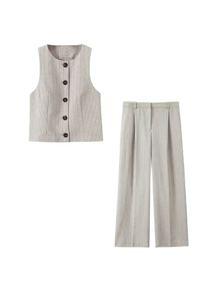 Women Fashion Striped Cropped Waistcoat Top And High Waist Front Dart Wide Leg Pants Female Two Piece Sets Mujer