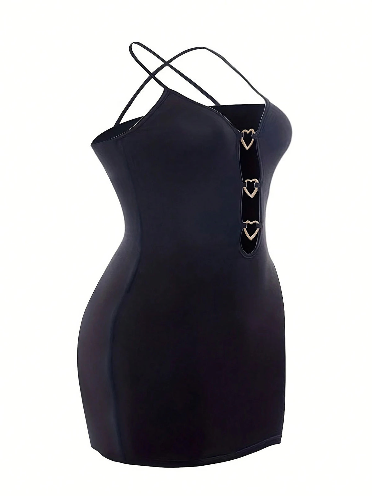 Plus Size Heart Metal Buckle Cutout Bodycon Mini Dress Spaghetti Strap Deep Hollow Front Slim Fitted Ribbed Short Dress Sexy Clu
