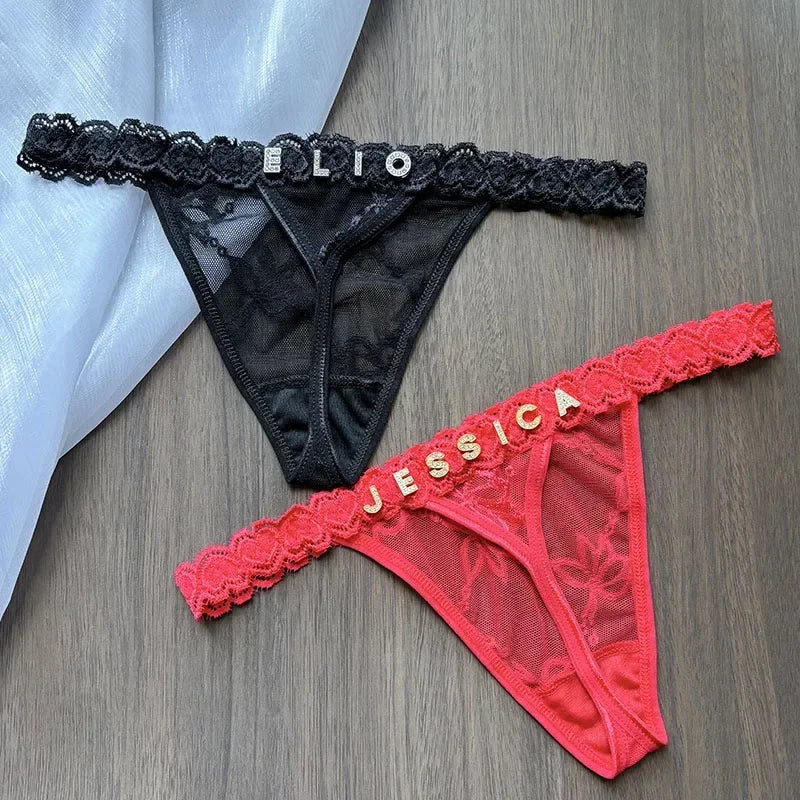 Customized Crystal Letter Sexy Embroidered Women's Low Waist Underwear BikiniG-Strings Adjustable Waist Underwear Hot Wife Gift