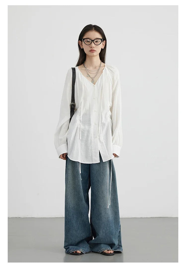 CHIC VEN Women Shirts Korean Loose Soild V-neck Long Sleeved Blouses Fashion Design Soft Lace Up Ladies Tops Summer New 2024