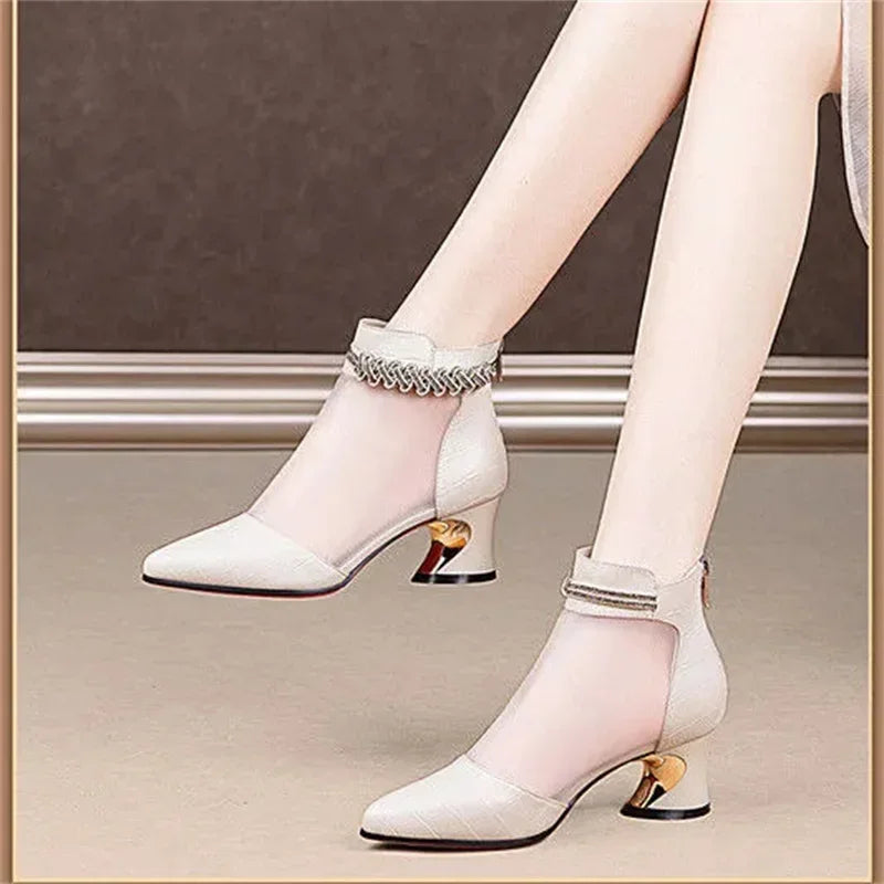 Women Classic Pointed Toe European Stylish High Quality Square Heel Shoes for Spring & Summer Lady Cool Black Comfy Shoes E1297
